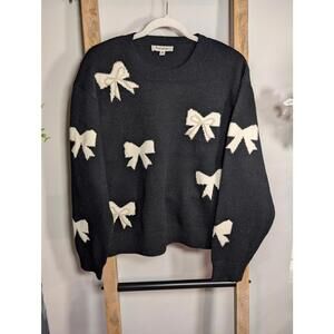 Francesca's Black Sweater with White Bow and Pearl Detail - Medium NWT